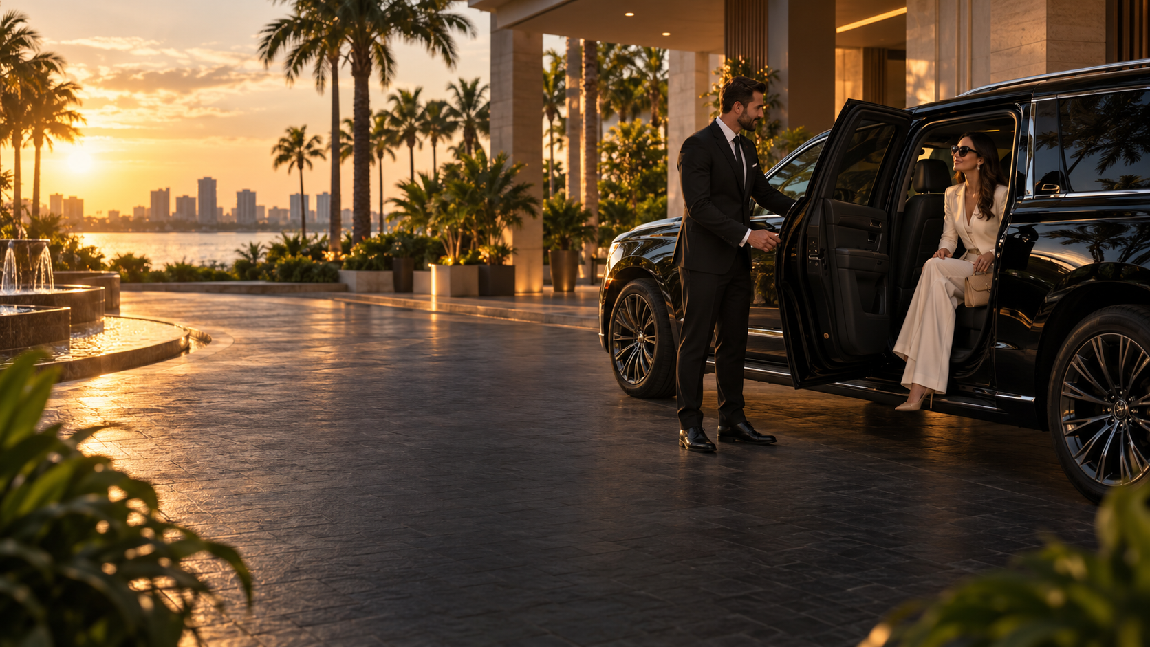 Professional chauffeur opening a luxury black vehicle in Florida